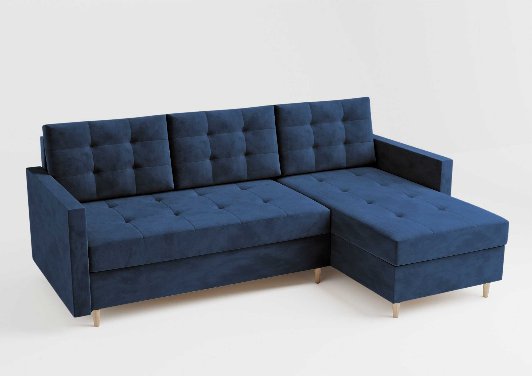 Pikowany narożnik skandynawski z funkcją spania na drewnianych nogach w kolorze granatowym